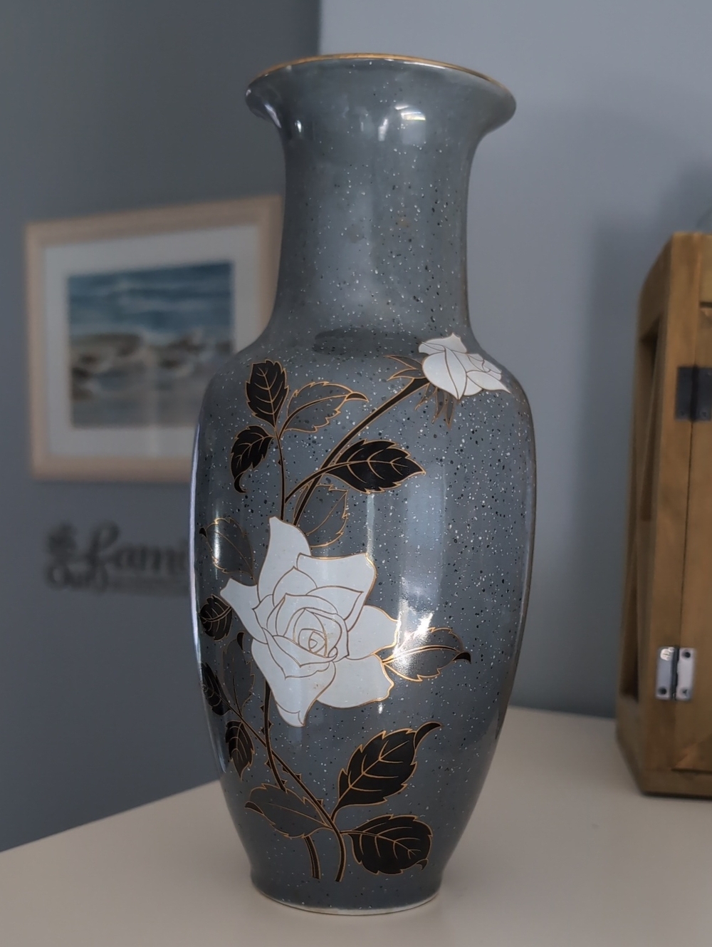 Gray Ceramic Floral Vase with Gold Trim